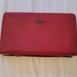 COACH NEW YORK Women's Double Zipper Brick Red Leather Clutch Purse/Wallet